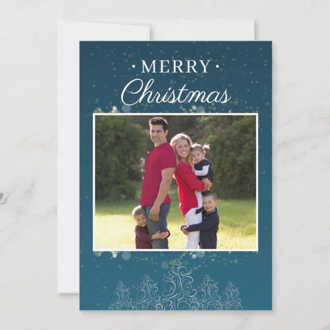 Blue Family Photo Picture Merry Christmas Card | Zazzle