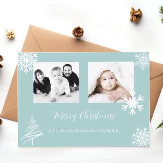 Blue Family Photo Snowflakes Merry Christmas Holiday Card