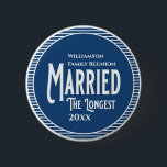 Blue Family Reunion Award Married The Longest Button<br><div class="desc">It's fun getting together with your family and reconnecting, sharing stories and learning about family genealogy. It's also fun to have an awards ceremony at your Family Reunion gathering. This family reunion award is for the couple who has been married the longest. Look for this design in blue and white...</div>