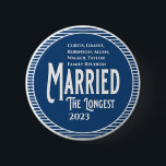 Blue Family Reunion Award Married The Longest Button<br><div class="desc">It's fun getting together with your family and reconnecting, sharing stories and learning about family genealogy. It's also fun to have an awards ceremony at your Family Reunion gathering. This family reunion award is for the couple who has been married the longest. Look for this design in blue and white...</div>