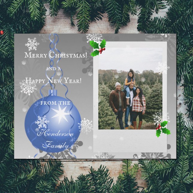 Blue Fancy Christmas Ornament Holiday Photo Card (Blue Fancy Christmas Ornament Holiday Photo Card)