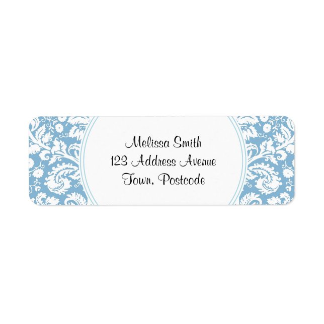 Blue fancy damask pattern label (Front)