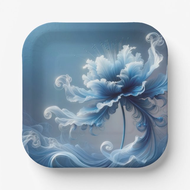 Blue Fancy Fantasy Flower Paper Plates (Front)