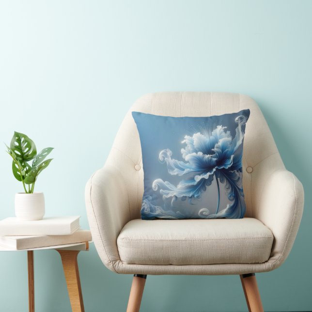 Blue Fancy Fantasy Flower Throw Pillow (Chair)