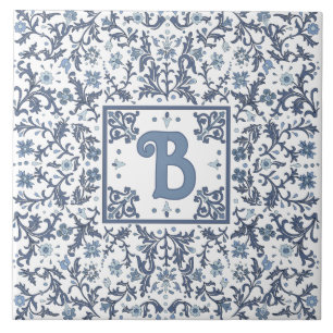 Blue Fancy Floral Graphic Design Personalized Ceramic Tile