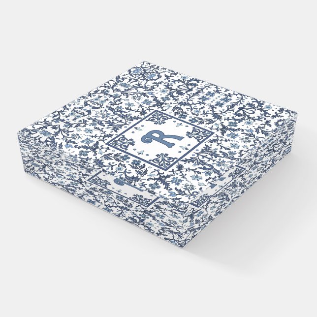 Blue Fancy Floral Graphic Design Personalized Paperweight (Angled)