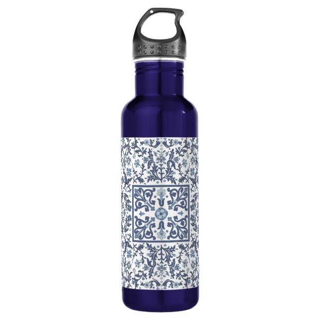 Blue Fancy Floral Graphic Pattern Stainless Steel Water Bottle (Front)