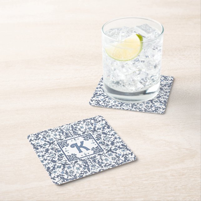 Blue Fancy Floral Graphic Personalized Square Paper Coaster (Insitu)