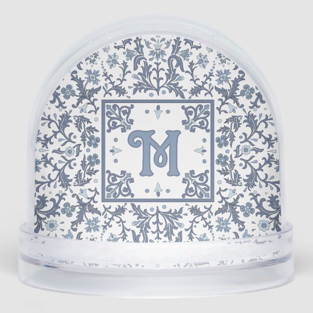 Blue Fancy Floral Pattern Monogrammed Snow Globe (Front)