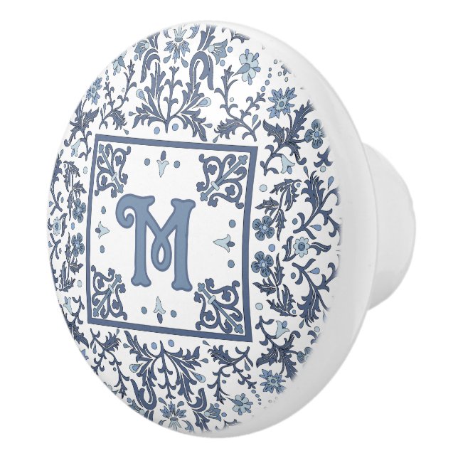 Blue Fancy Floral Pattern Personalized Ceramic Knob (Right)