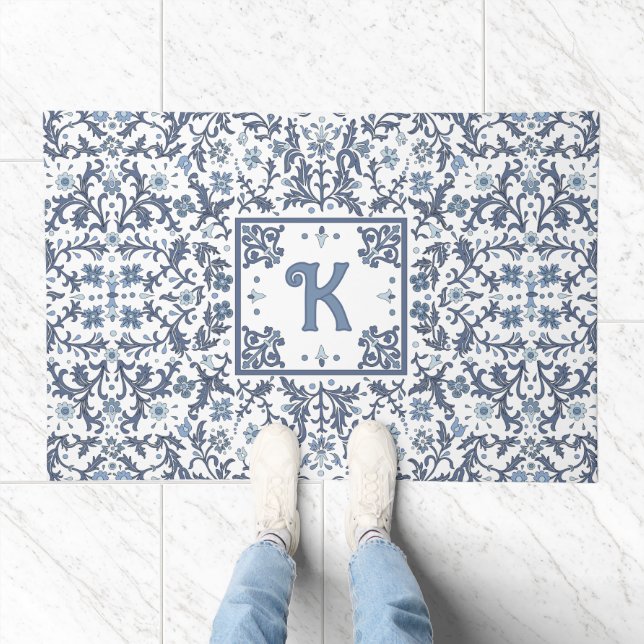 Blue Fancy Floral Pattern Personalized Doormat (Indoor)