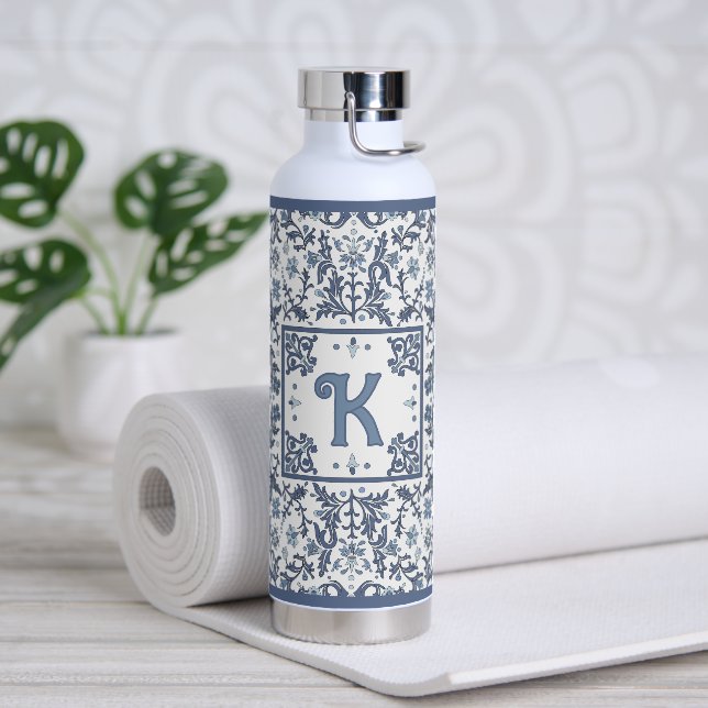Blue Fancy Floral Pattern Personalized Water Bottle (Yoga)