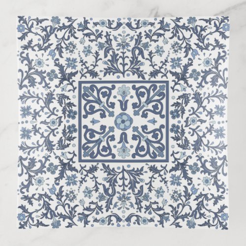 Blue Fancy Graphic Floral Pattern Trinket Tray