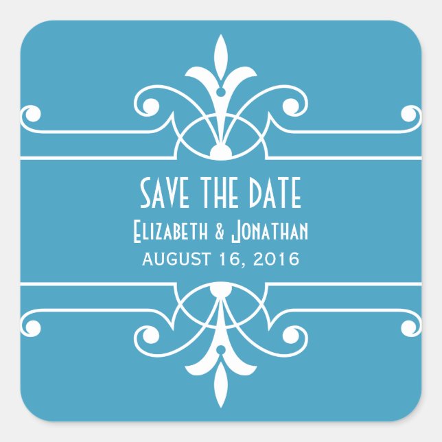 Blue Fancy Ornamental Save the Date Stickers (Front)