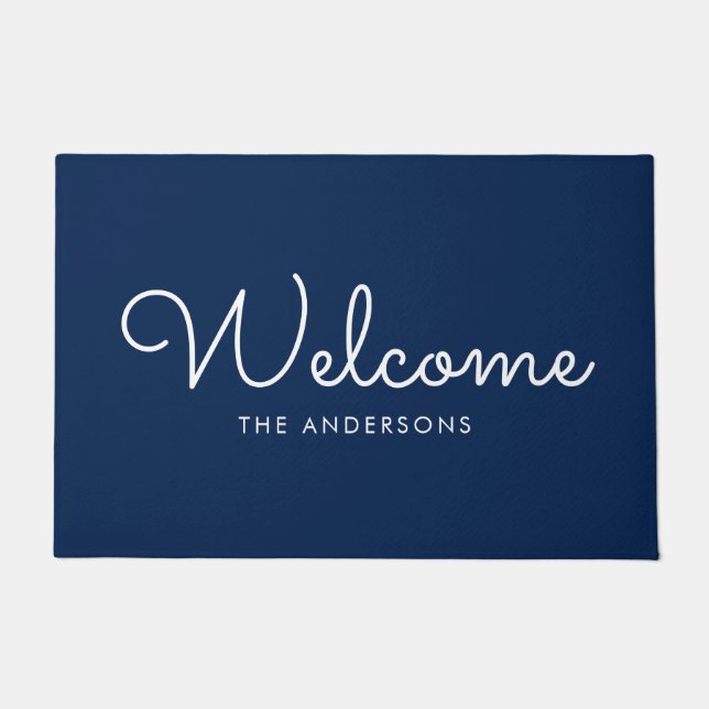 Blue Fancy Script "Welcome" Personalized Doormat (Front)
