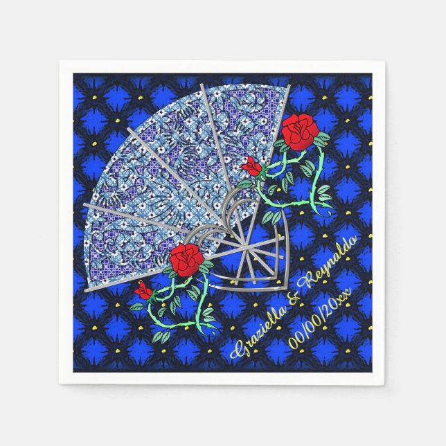 Blue Fans, Silver Hearts and Red Roses-Personalize Napkins (Front)