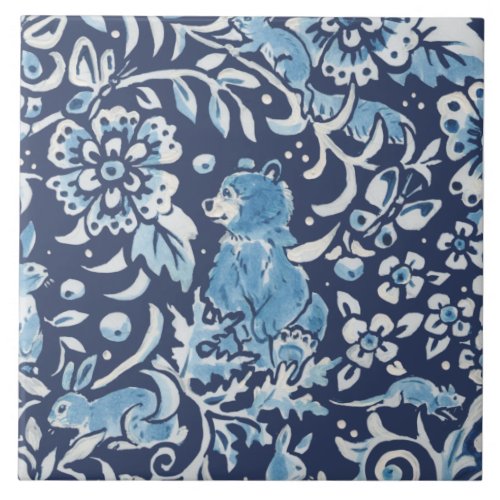 Blue Fantasy Forest Mural Woodland Bear Top Right Ceramic Tile