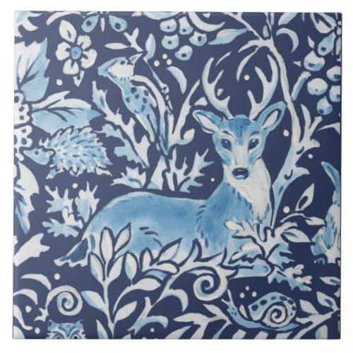 Blue Fantasy Forest Mural Woodland Deer Top Left Ceramic Tile