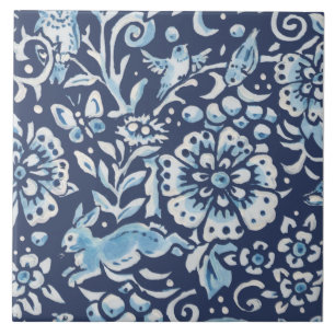 Blue Fantasy Forest Mural Woods Rabbit Bottom Left Ceramic Tile