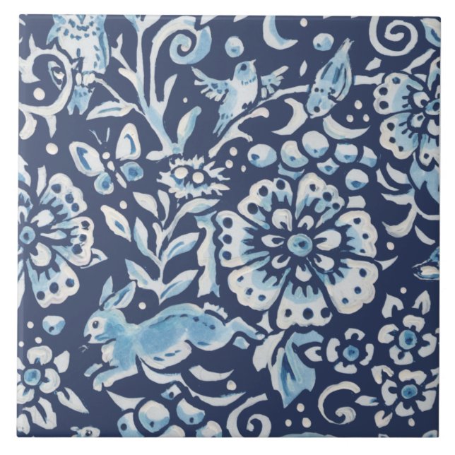 Blue Fantasy Forest Mural Woods Rabbit Bottom Left Ceramic Tile (Front)