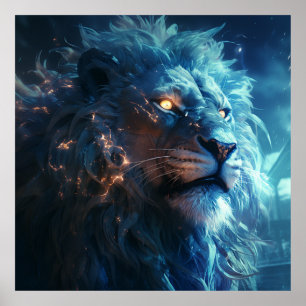 Blue Fantasy Lion Face with Gold Eyes Poster