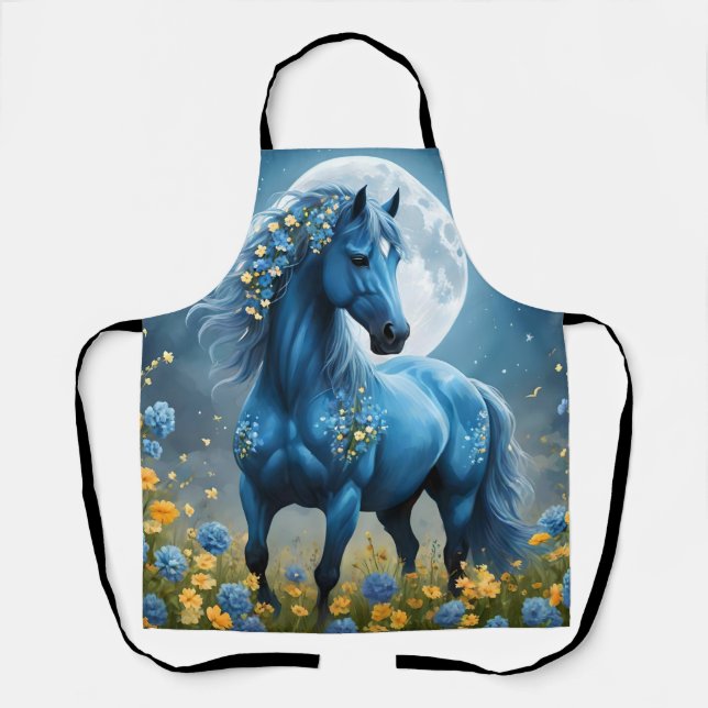 Blue Fantasy Magical Horse Moon Flowers, Apron (Front)