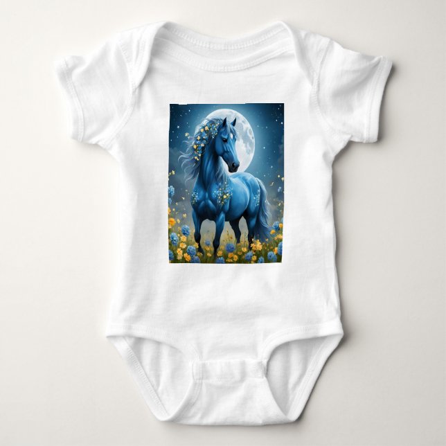 Blue Fantasy Magical Horse Moon Flowers, Baby Bodysuit (Front)