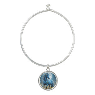 Blue Fantasy Magical Horse Moon Flowers, Bangle Bracelet
