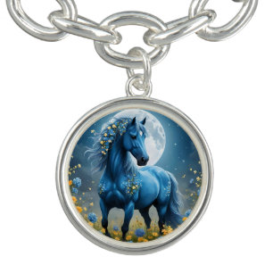 Blue Fantasy Magical Horse Moon Flowers, Bracelet