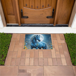 Blue Fantasy Magical Horse Moon Flowers, Doormat