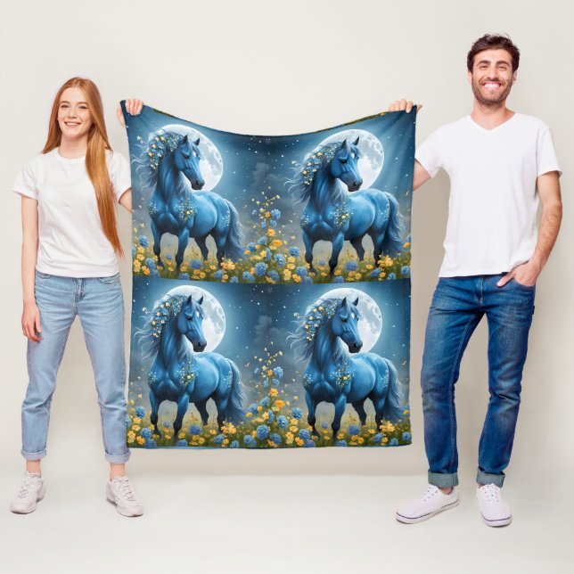 Blue Fantasy Magical Horse Moon Flowers, Fleece Blanket (In Situ)