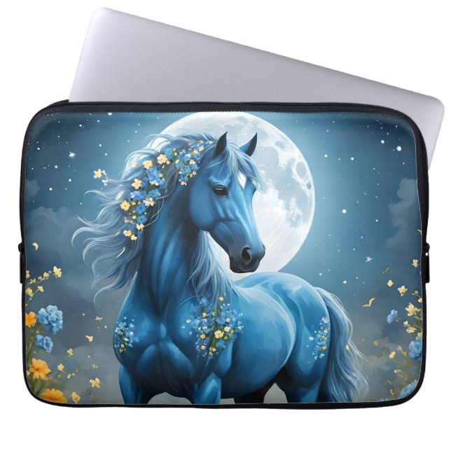 Blue Fantasy Magical Horse Moon Flowers, Laptop Sleeve (Front)