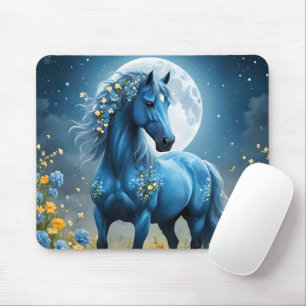 Blue Fantasy Magical Horse Moon Flowers, Mouse Pad