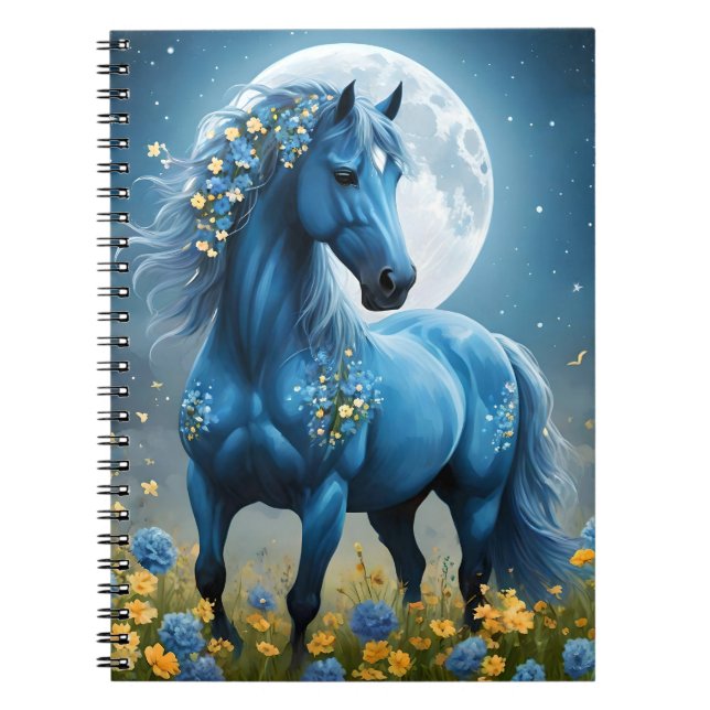 Blue Fantasy Magical Horse Moon Flowers, Notebook (Front)