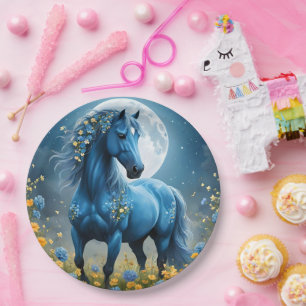 Blue Fantasy Magical Horse Moon Flowers, Paper Plates