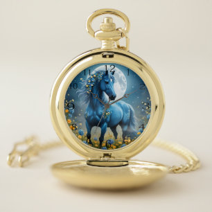 Blue Fantasy Magical Horse Moon Flowers, Pocket Watch
