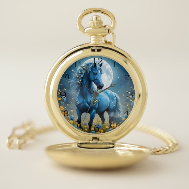 Blue Fantasy Magical Horse Moon Flowers, Pocket Watch (Inside)