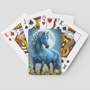 Blue Fantasy Magical Horse Moon Flowers, Poker Cards