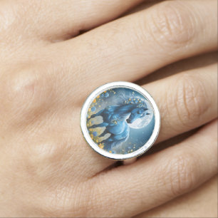 Blue Fantasy Magical Horse Moon Flowers, Ring