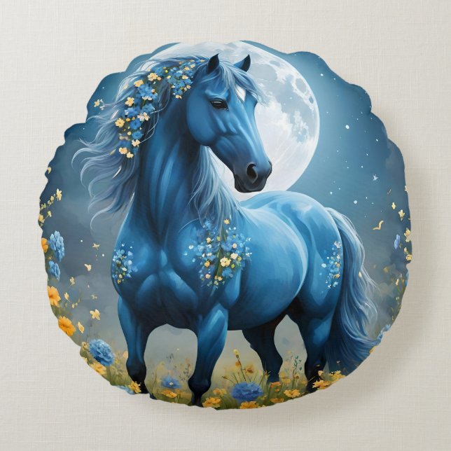 Blue Fantasy Magical Horse Moon Flowers, Round Pillow (Front)