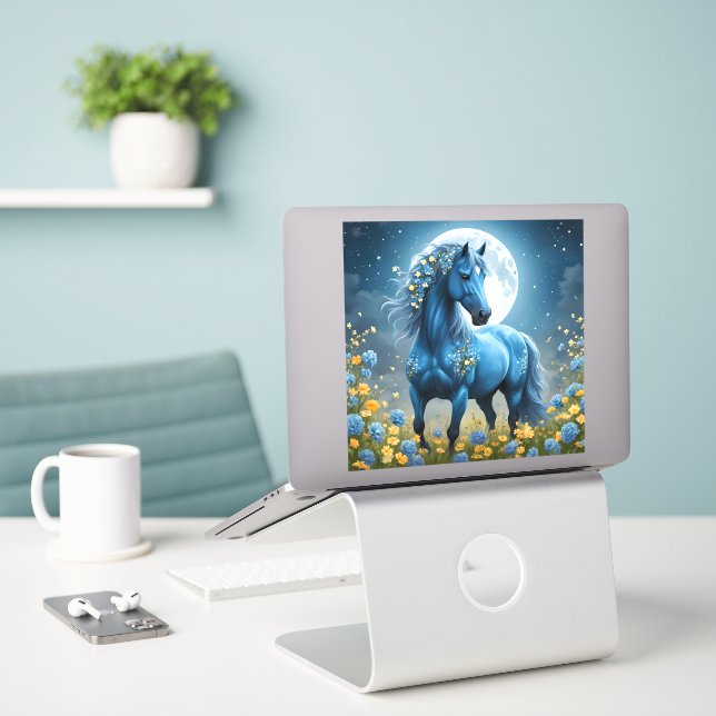 Blue Fantasy Magical Horse Moon Flowers, Sticker (Laptop On Desk)