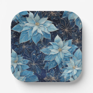 Blue Fantasy Poinsettia Paper Plates