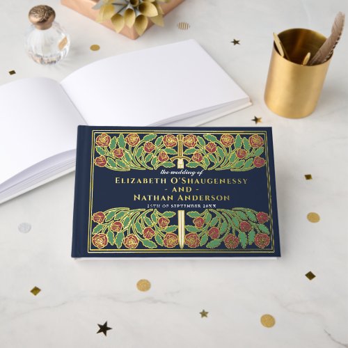 Blue Fantasy Royal Medieval Floral Sword Wedding Foil Guest Book