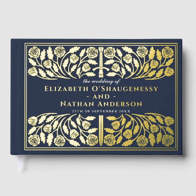 Blue Fantasy Royal Medieval Sword Wedding Foil Guest Book (Front)