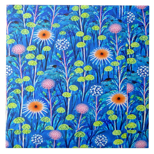 Blue Fantasy Wildflower Meadow Ceramic Tile (Front)
