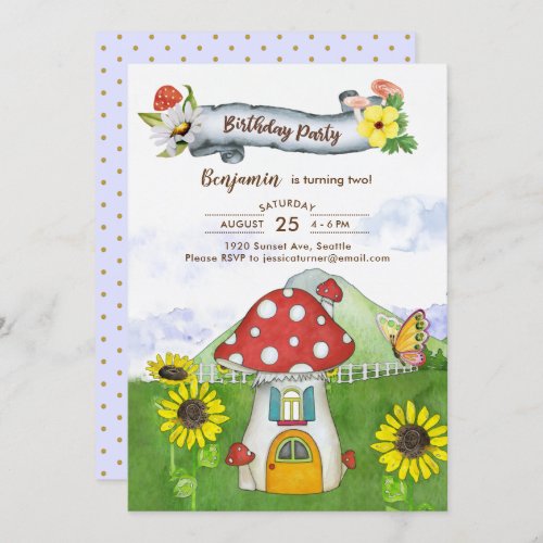 Blue Fantasy Woodland Toadstool House Fun Birthday Invitation