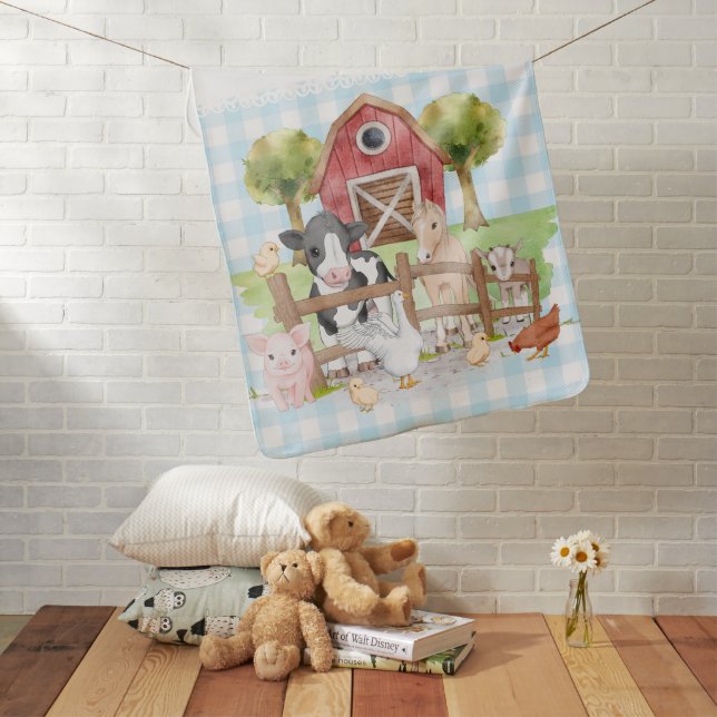 Blue Farm Animals Barnyard Custom Name Baby Blanket (In Situ)