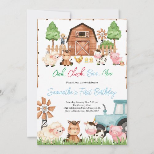 Blue Farm Animals Birthday Party Invitation