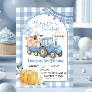 Blue Farm Animals Three-i-e-i-o 3rd Birthday Invitation