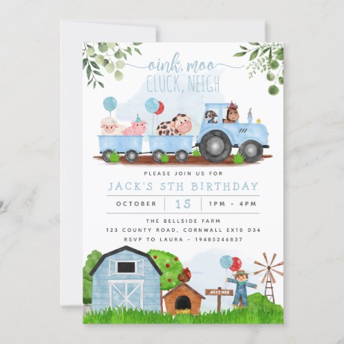 Blue Farm Barnyard Animals Birthday Invitation